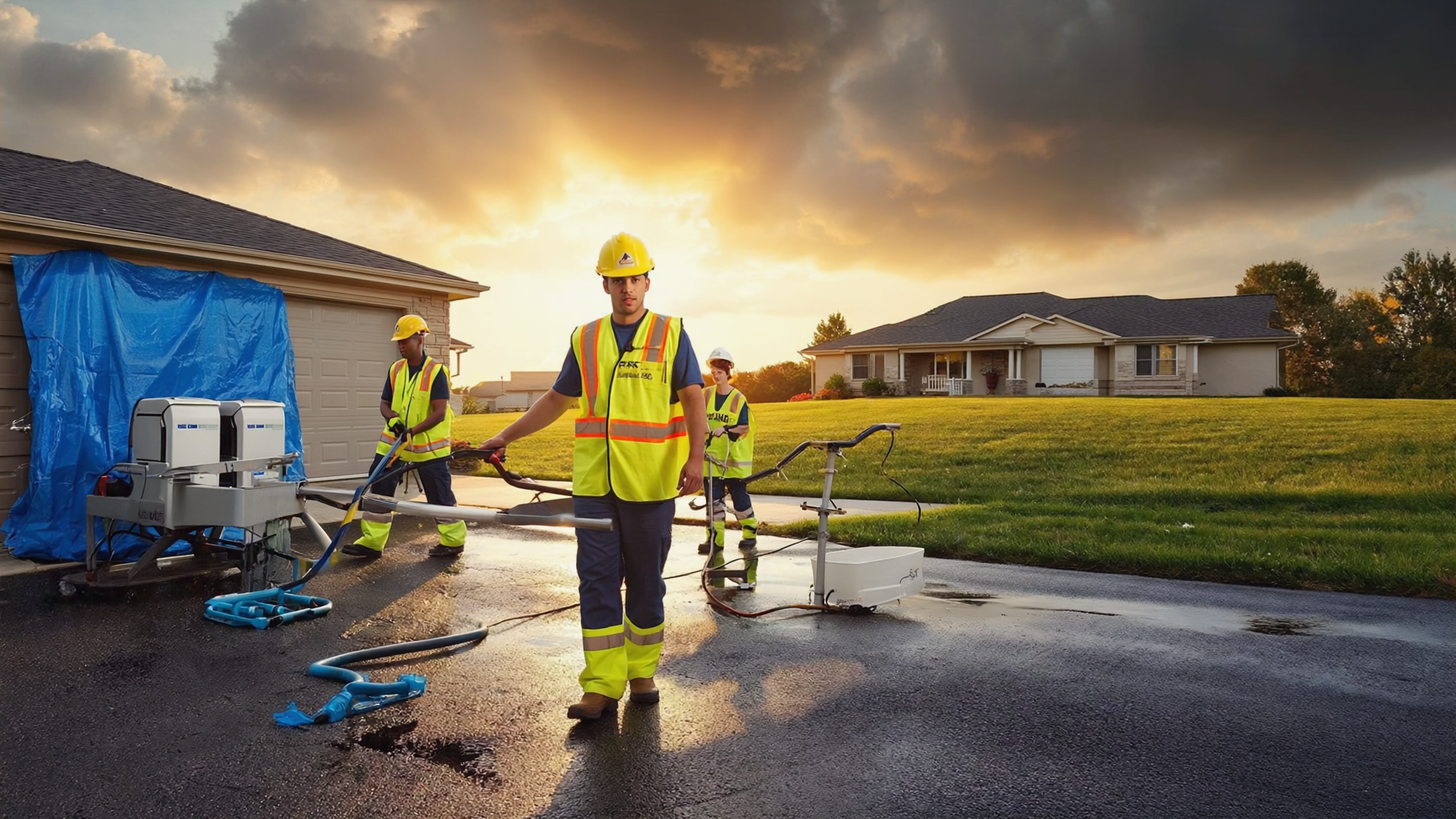 Restoration crew setting up equipment at storm-damaged home