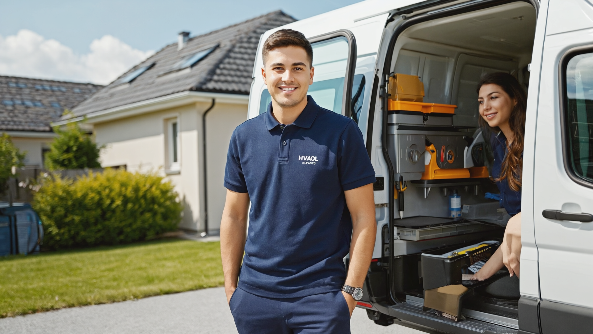 HVAC technician arriving at residential home with service van