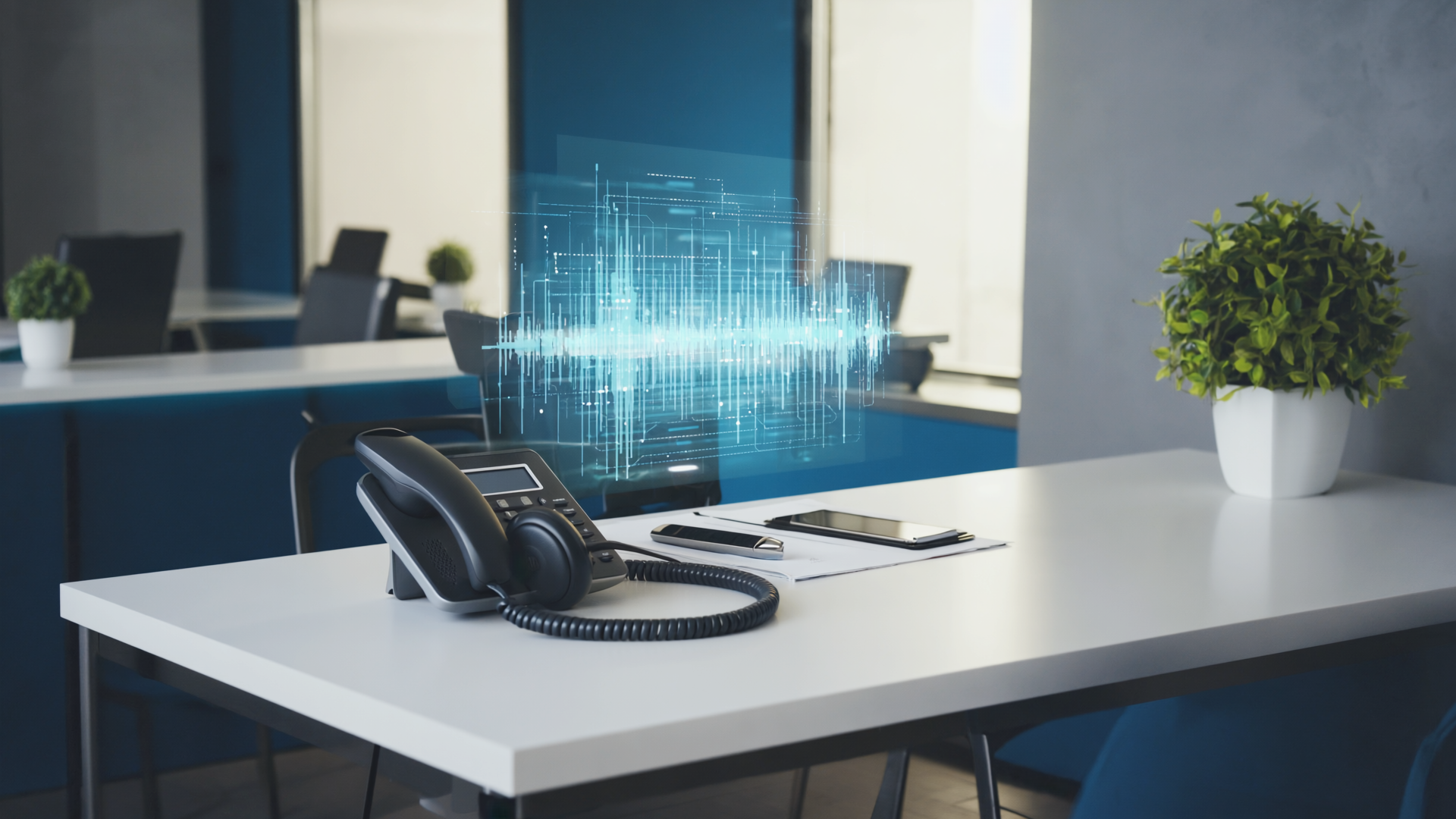 AI-powered phone system on a modern office desk with digital voice waveform